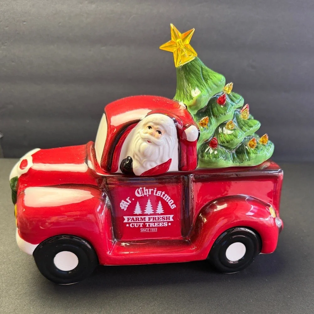 Mr. Christmas Red Truck Santa Light Up Tree Ceramic Farmhouse Holiday Cookie Jar